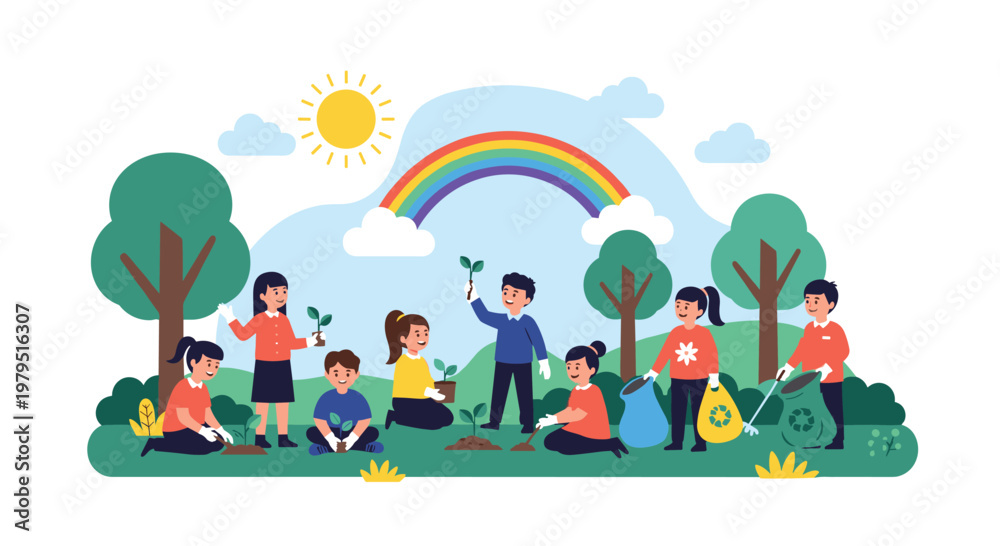 Fototapeta premium Group of school children planting trees and cleaning up litter in a green park with a bright rainbow in the background.