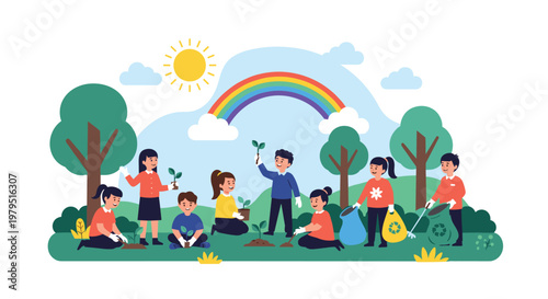 Group of school children planting trees and cleaning up litter in a green park with a bright rainbow in the background.