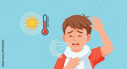 Sweating boy looking exhausted and hot with a thermometer showing a high temperature and a sun for heatwave concept.