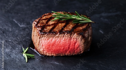 seared. Perfectly cooked steak with grill marks and rosemary, emphasizing culinary perfection. menu design, packaging mockups, designed for food delivery and cloud-kitchen brand materials.