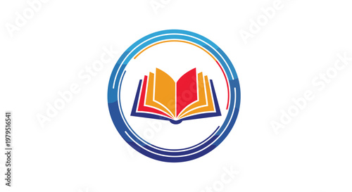 Educational logo design featuring an open colorful book inside a circular blue frame against a clean white background for a school.