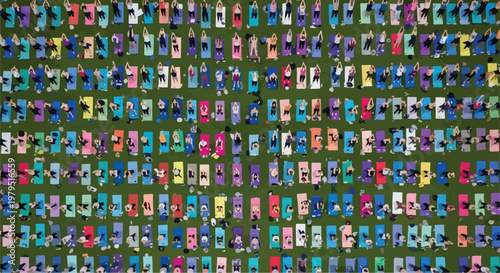 Aerial view yoga class illustration, group of people practicing yoga on colorful mats in a park, outdoor fitness community vector