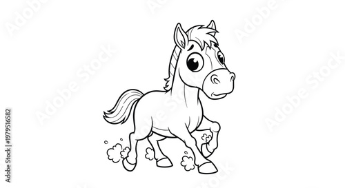 Playful little horse running happily in a simple black and white line art illustration suitable for children coloring book pages.