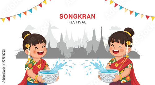 Two happy thai girls in traditional costumes splashing water from bowls to celebrate the songkran festival in thailand background.