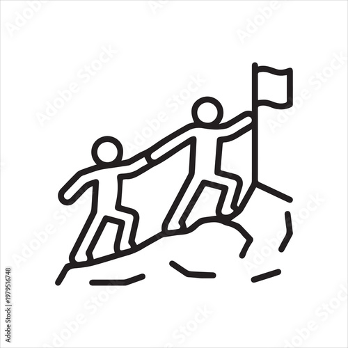 People holding hands climbing up the mountain to the flag, linear icon. Collaborative goal achievement, teamwork and endeavor. Line with editable stroke