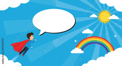 Little superhero boy flying in a bright blue sky with a rainbow, sun, clouds, and a large empty speech bubble for your own text.