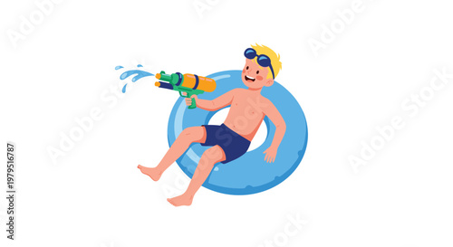 Cheerful boy in blue swimming trunks and goggles playing with a water gun while floating on a blue inflatable ring in the pool.