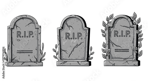 Three gray stone tombstones with rip text and cracks arranged with leaves and plants in a stylized and spooky cemetery illustration.