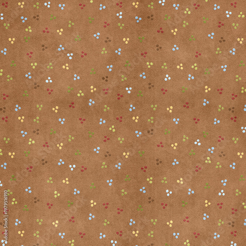 Brown textured background with tiny multicolor floral dot pattern, vintage handmade feel perfect for textiles, scrapbooking, packaging, and retro-inspired designs.