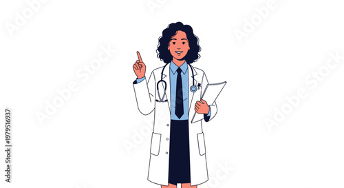 Professional female doctor in a white lab coat pointing up with her finger and holding a medical folder against white background.