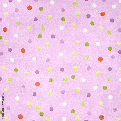 Soft pink textured background with multicolor polka dots in pastel tones, playful and delicate design perfect for baby themes, fabric prints, invitations, wallpapers, and feminine branding.