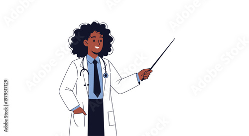 Professional black female doctor in a white coat holding a medical pointer stick and standing on a clean white background.
