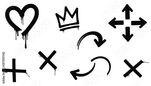Various black graffiti symbols and icons on a white background