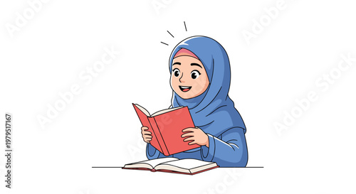Happy young girl wearing a blue hijab sitting at a table and reading a red book with an open book in front of her for learning.