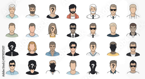 Diverse group of stylized avatar illustrations representing various individuals with different features and appearances