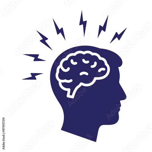 Dark blue silhouette of a human head in profile with a visible brain and lightning bolts