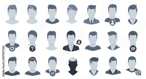 Diverse collection of male user avatar icons in a modern flat design style, featuring various hairstyles for profile pictures and digital user interfaces