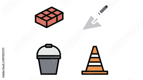 Construction Essentials: A set of essential construction tools, including a brick, trowel, bucket, and traffic cone, ready to build and create.