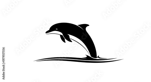 Leaping dolphin silhouette over stylized waves, black and white graphic