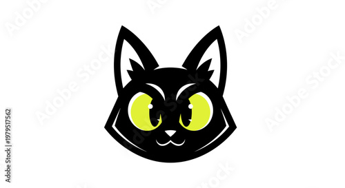 Cute Black Cat Face Illustration with Big Green Eyes
