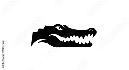 Black alligator head silhouette, fierce predator, sharp teeth, white background