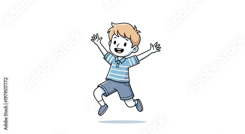 Happy little boy with blonde hair jumping high for joy with open arms in a simple and colorful cartoon illustration for kids.