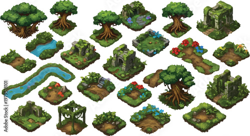 Isometric fantasy game map tiles, 22 pixel art forest environment assets with ancient stone ruins and jungle trees, RPG world building vector collection