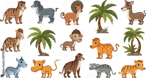 Cute prehistoric animal collection with cartoon mammals and palm trees, set of extinct creatures in flat vector style, wild safari wildlife illustrations