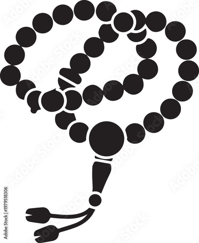 Prayer beads represent a traditional tasbih strand with a decorative tassel and spherical components arranged in a circular loop for devotional use.