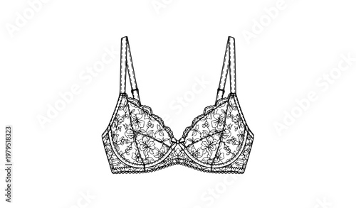 Black and white elegant lace bra vector illustration with feminine lingerie design