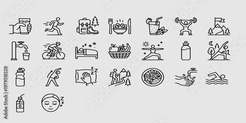 icon set collection of daily wellness habits including nutrition, hydration, sleep, and outdoor activity depicted in professional thin line icons.