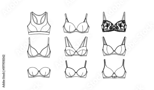 Black and white bra collection vector set with different lingerie styles and fashion elements