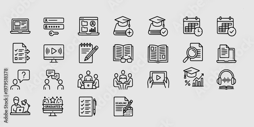 icon set collection of online education and academic study symbols featuring books, graduation caps, digital learning, and student collaboration icons.
