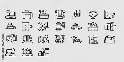 icon set collection of travel essentials and vacation tourism icons including luggage, passports, accommodation, sightseeing, and outdoor adventure gear.