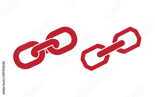 Red chain links on white background, broken chain isolated