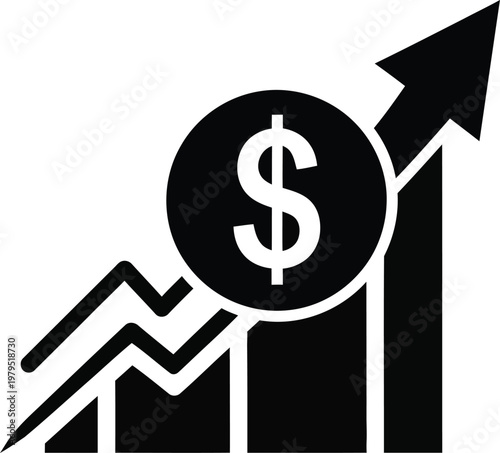 Financial growth, business success, dollar sign, increasing graph, black vector icon
