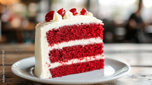 decadence. Slice of red velvet cake with rich red and cream colors in natural light. symbolizing life milestones and joyful moments.