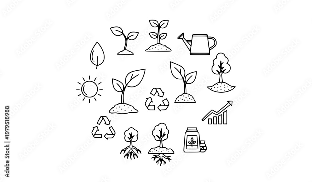 Fototapeta premium Modern plant growth thin line icon set with seed sprout tree and eco development symbols