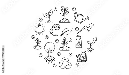 Modern plant growth thin line icon set with seed sprout tree and eco development symbols