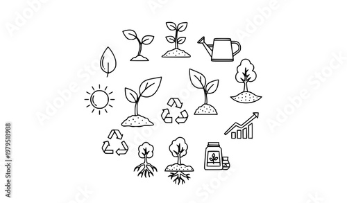 Modern plant growth thin line icon set with seed sprout tree and eco development symbols
