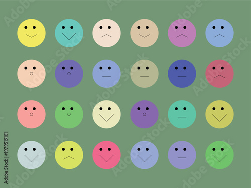 A colorful array of emoticon faces on a green background with various expressions