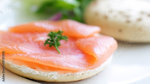 bagel. Single slice of orange-pink smoked salmon on cream cheese and bagel. menu design, packaging mockups, designed for food delivery and cloud-kitchen brand materials, used by curriculum designers.