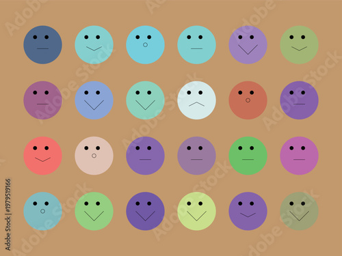 A colorful array of smiley faces on a brown background with various expressions