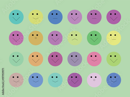 Colorful smiley faces on a light green background with various expressions