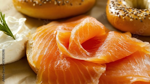 bagel. Single slice of orange-pink smoked salmon on cream cheese and bagel. menu design, packaging mockups, designed for food delivery and cloud-kitchen brand materials, used by curriculum designers.