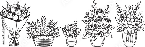 Hand drawn collection of various floral arrangements featuring beautiful blooming flowers tucked into decorative baskets and elegant glass vases created with simple clean black line art