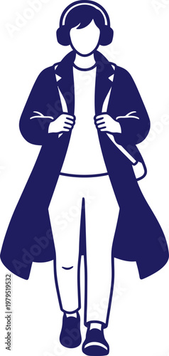 Woman in trench coat and headphones walking, with messenger bag. Street style fashion, casual look. Vector illustration