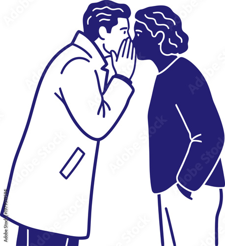 Man whispering secret into a woman ear. Gossip communication or private discussion concept. Minimalist line graphic vector illustration