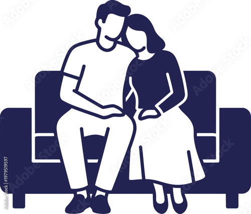 Man and woman couple on sofa icon. Relationship and family concept. Vector icon for app, website, symbol, graphic design
