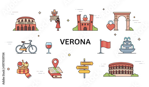 Verona travel icons: arena, juliet's balcony, castelvecchio, italian landmarks, wine